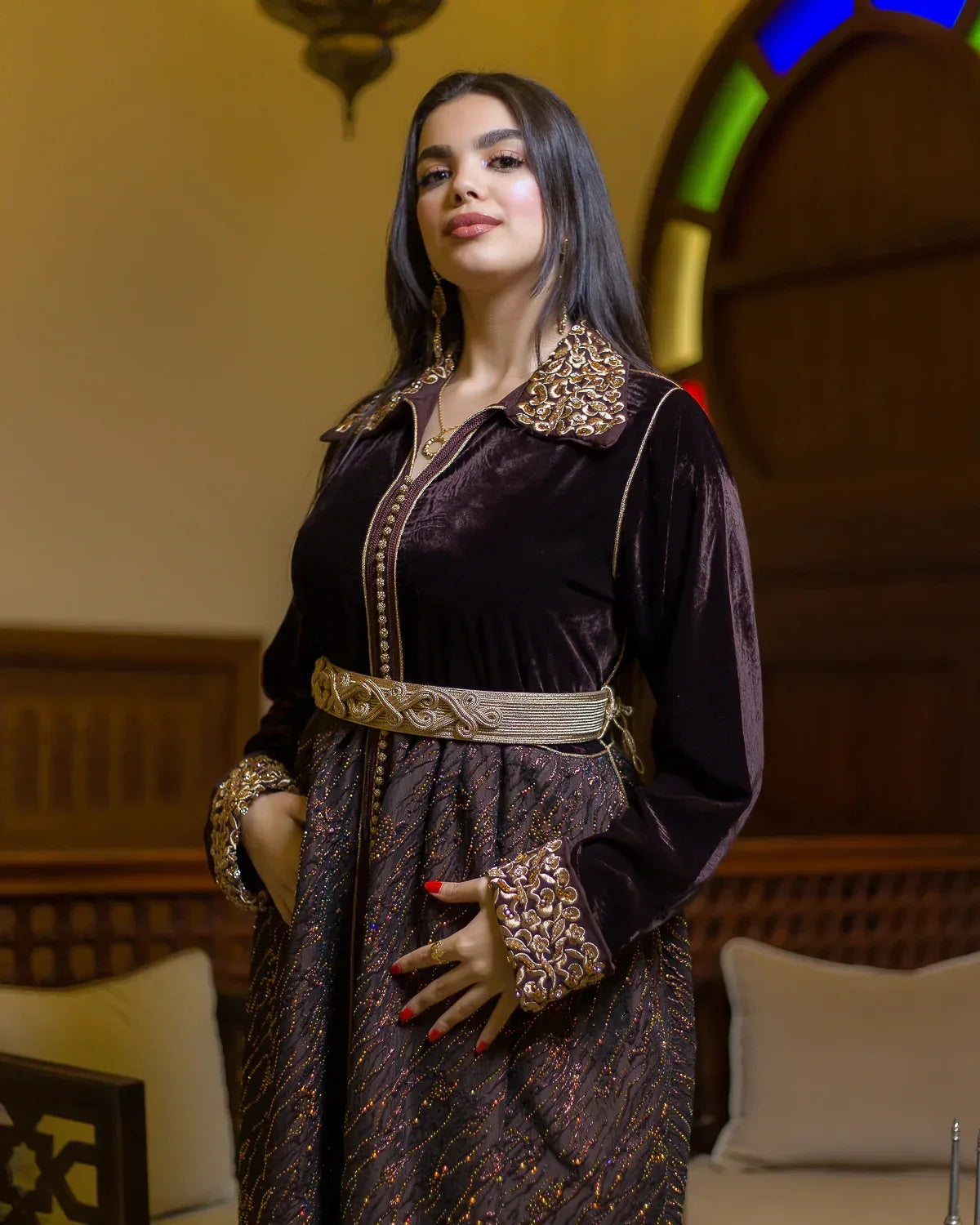 GAZAL "Poem" - Brown Velvet Moroccan Caftan Dress | Caftanya