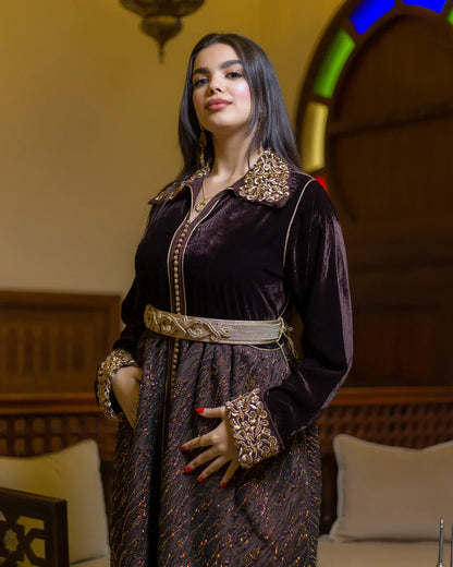 Front view of the GAZAL brown velvet Moroccan caftan styled with a gold woven belt.
