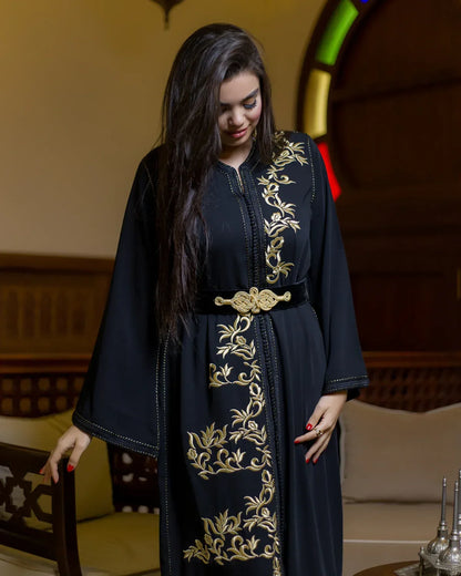 Black Moroccan evening caftan LAHN front view with intricate gold embroidery