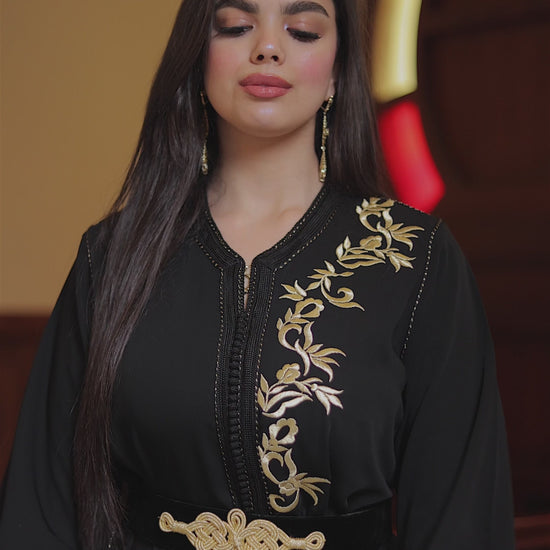 Video showcasing the elegant movement and fit of the LAHN black evening caftan