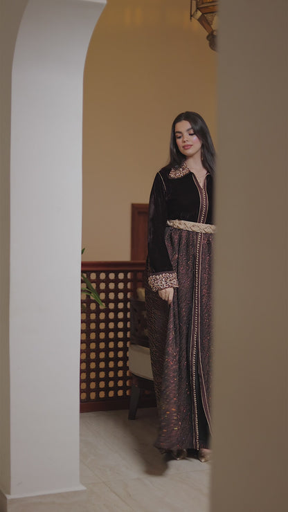 Video showcasing the luxurious drape and sparkle of the GAZAL brown velvet caftan.
